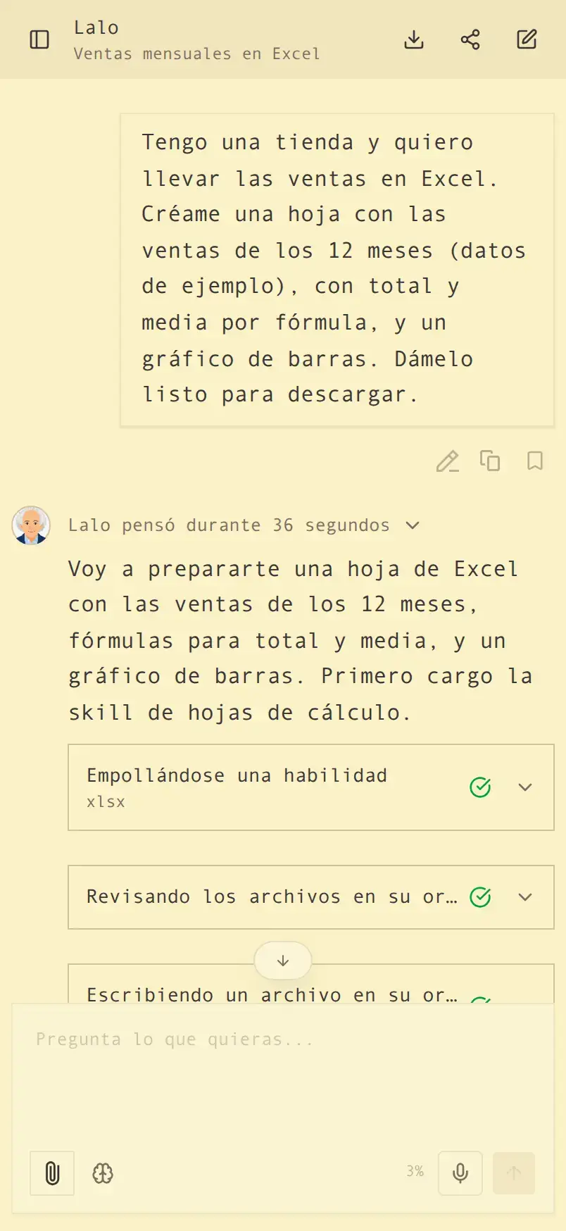 Lalo handling an office task: it loads a spreadsheet skill, works in its per-chat sandbox, and builds a real Excel file with formulas and a chart to download.